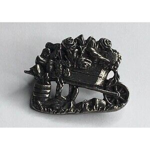 Birds & Blooms Brooch‎ Pin Pewter Flower Wheelbarrow Granny Cottage Fairycore